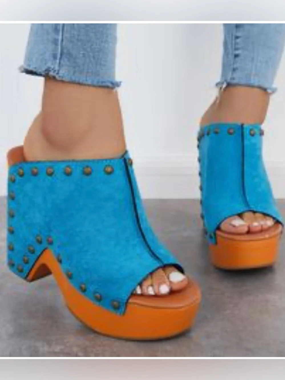 Tinstree Turquoise Vegan Suede Platform Mules Studded Heeled Clogs